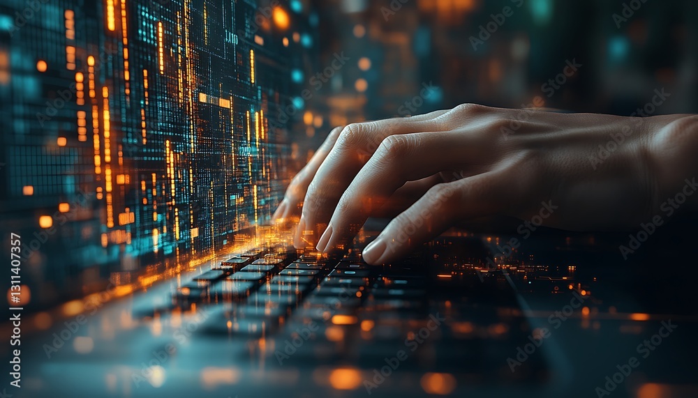 Wall mural hands typing on laptop keyboard with glowing digital data stream