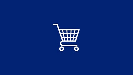 Shopping cart icon animation, simple design supermarket trolley icon, 4k on blue background