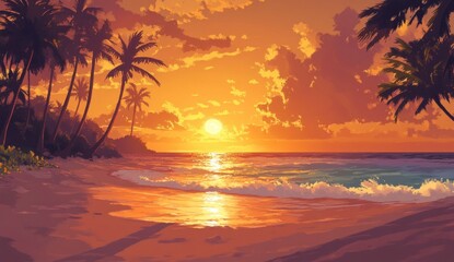 Tropical beach sunset scene