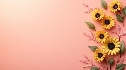 Bright Yellow Sunflowers and Green Leaf Floral Arrangement on Pink Background, Copy Space.