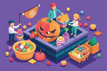 Obraz premium Families are putting together a Halloween candy basket filled with treats and decorations for the festive season, Preparing halloween candies basket Customizable Flat Illustration