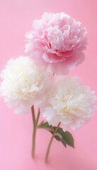 Fototapeta premium Delicate Pink and White Peonies in Bloom, Elegant Floral Arrangement on Pastel Pink Background