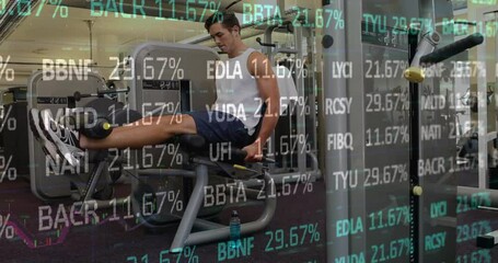 Man exercising on leg press machine with financial data animation overlay - Powered by Adobe