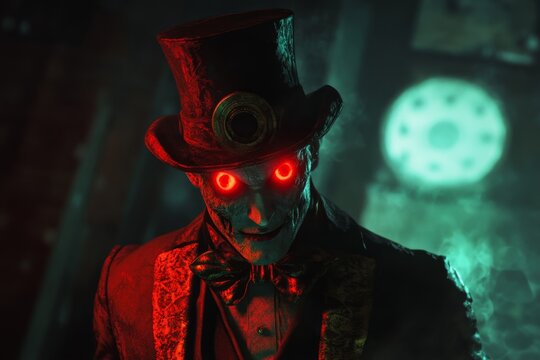 A man in a red hat and black suit with red eyes and a green background