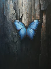 Fotobehang  Stunning Blue Butterfly on Textured Dark Bark Background  © jirasin