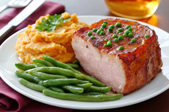 Maple Glazed Ham, Gourmet plated meal featuring ham steak, mashed potatoes, and green beans