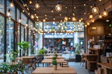Cozy Café Interior with String Lights and Rustic Wood Tables