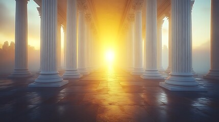 Naklejka premium Ancient Columns Sunlight Foggy Sunrise