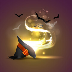 Vector illustration of Halloween concept. Magic holiday. The potion is brewed, bats, cobwebs, spiders.
