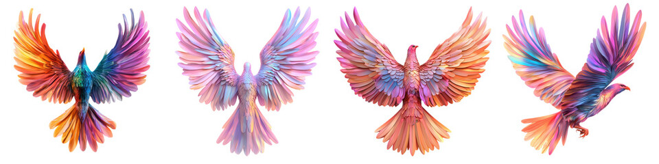 Obraz premium Breathtaking digital depicting a flock of fantastical mythical phoenix birds soaring in an ethereal colorful and surreal landscape showcasing their vibrant plumage and graceful otherworldly movements