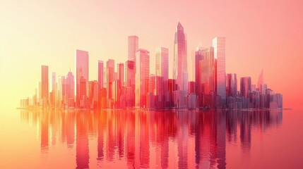 Vibrant City Skyline Reflected in Water during Sunset with Pink and Orange Sky Colors