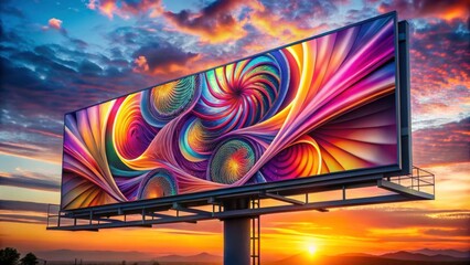 Vibrant Digital Billboard with Swirling Colors at Sunset Landscape