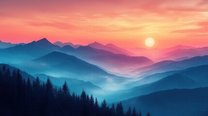 Majestic Sunrise Over Misty Mountain Range with Colorful Sky and Silhouetted Pine Forest in the Foreground