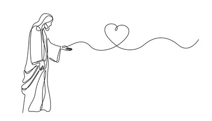 Jesus Christ with Heart, One Line Drawing on White Background