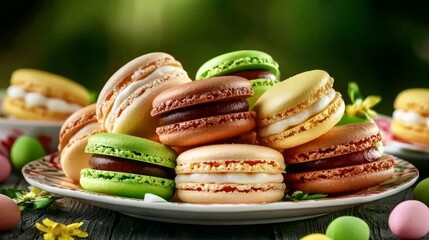 Easter Themed Desserts and Pastel-Colored , Close-Up Macro Shot of Colorful Pastel Macarons on a Decorative Plate
