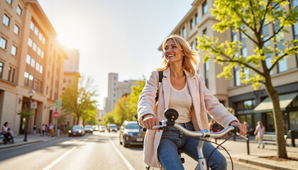 Smiling woman cycling through city streets in spring, joyful freedom