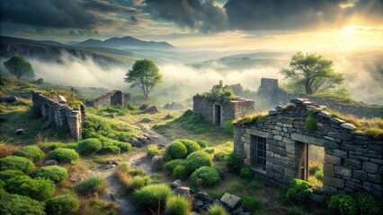 Fototapeta premium Serene Sunrise Over Ancient Stone Ruins Nestled in a Misty Mountain Valley