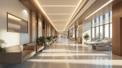 modern hospital corridor with natural light and comfortable seat