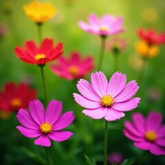 Obraz premium Vibrant cosmos flowers blooming in a summer garden , colorful, flora, vibrant