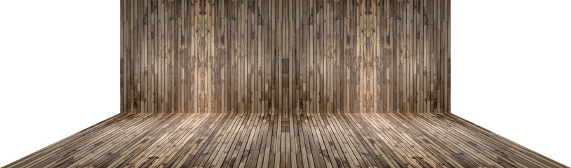 Empty wooden mock up display from pine wood as perspective floor and flat wall with isolated on white background.
