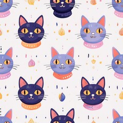 Seamless pattern watercolor, Colorful patterned cat faces on a light background for playful designs.