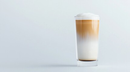 Creamy latte artfully layered in clear glass showcasing rich tex