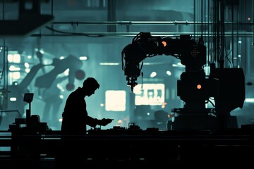 Worker Observing Robotic Arm in Industrial Manufacturing Setting