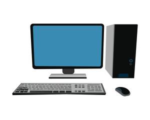Desktop computer setup with monitor, keyboard, mouse, and cpu on a white background
