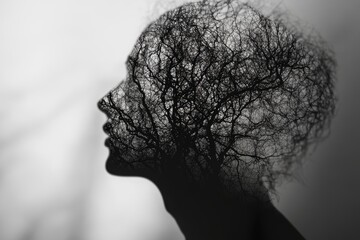 Silhouette of a Face Merging with Intricate Tree Branches Design