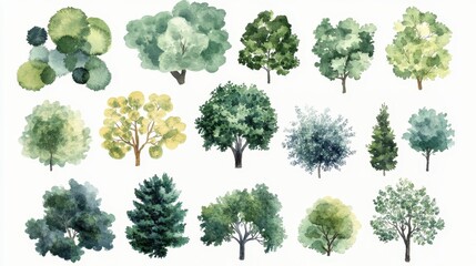 Watercolor painting of various treetop views. Ideal for landscape design, illustrations, or nature-themed projects.