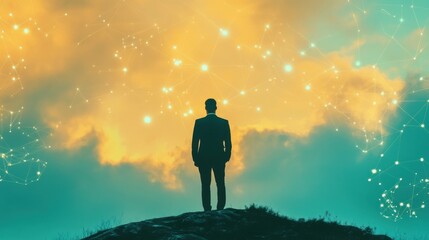 Fototapeta premium Man on hilltop contemplating network connections