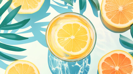 Refreshing citrus drink with lemon slices and bright summer background