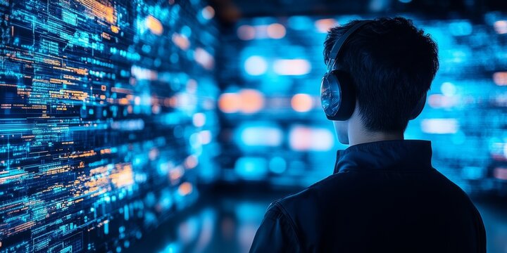 Young Technician Monitoring Data in High-Tech Server Room, Immersed in Futuristic Data Center