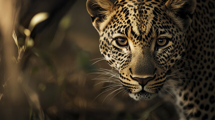 Fototapeta premium Leopard with sharp amber eyes in focused gaze