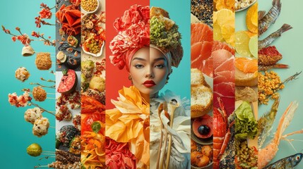 Fototapeta premium Vibrant Collage of Culinary Delight Featuring Exquisite Dishes and Colorful Flower Adornments