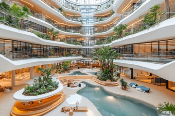 Modern Multistory Building Interior with Indoor Pool and Lush Greenery