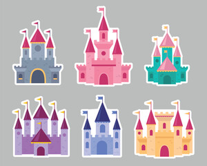 Set of royal castles stickers. Hand drawn style
