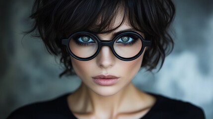 Fototapeta premium Woman, glasses, portrait, studio, grey, background, fashion, beauty