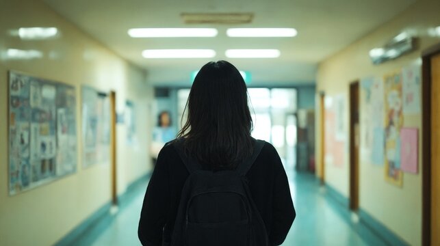 La escena muestra a un estudiante caminando por un pasillo escolar, rodeado de carteles y luz tenue.