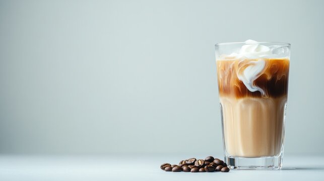 Refreshing iced coffee in glass topped with cream and coffee bea