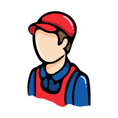 Master. Figure of a man in a mechanic suit. Bright vector illustration for a sticker, book, print, icon. Isolated image on a white background