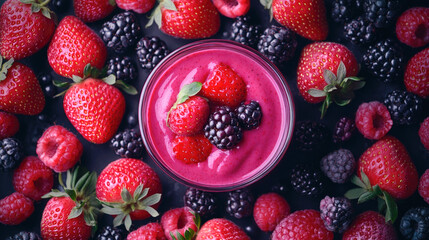 Fototapeta premium Vibrant berry smoothie surrounded by fresh strawberries and blackberries