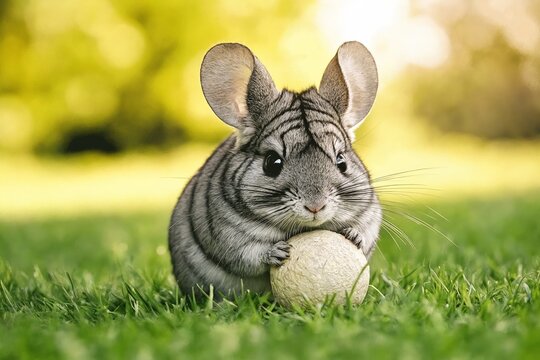 Un peque&ntilde;o y adorable chinchilla sostiene una bola en un entorno verde y soleado.