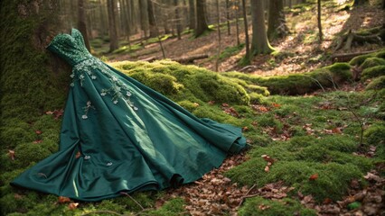 Naklejka premium An elegant evening gown rests on a lush forest floor, surrounded by a carpet of green moss and fallen leaves.