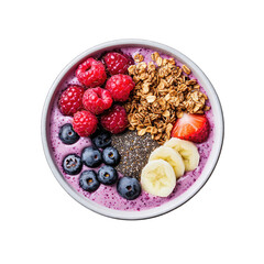 Colorful smoothie bowl topped with fresh berries and granola.