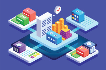 Obraz premium An isometric illustration showcasing customizable pricing plans with buildings and growth charts in the center, Pricing plans Customizable Isometric Illustration