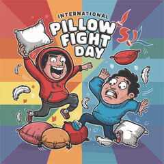 International Pillow Fight Day Vector Illustration | Fun Pillow Battle, T-Shirt Design, Poster, Sticker, Social Media Post, Print Card, Animated GIF | Solid Colors, No Gradients