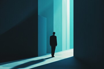 Fototapeta premium Silhouette of a Businessman Walking Through Abstract Geometric Structures with Blue Light