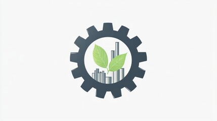 Sustainable Growth, Industrial City, Gear Symbol, Eco-Friendly Manufacturing, Stock Photo