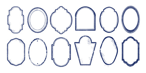 Vintage frame set, vector old classic border, antique grunge print texture, simple retro decoration. Oval romantic sticker, victorian overlay romantic design element, black grimy noise. Vintage frame